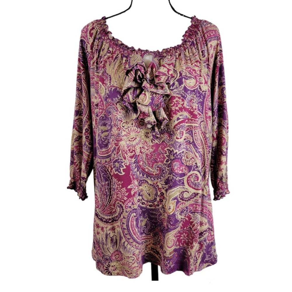 Lauren Ralph Lauren Blouse Women's 1X Purple Tan Paisley Classic Tradtitional